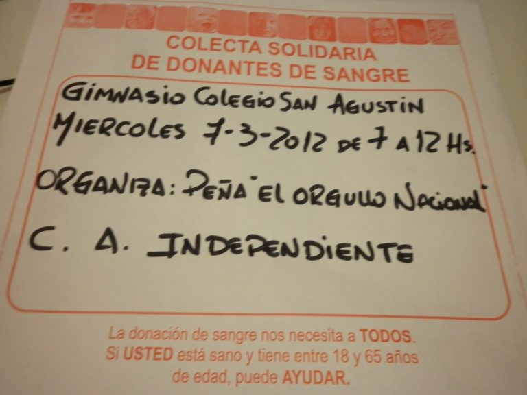 La Peña de Independiente promueve una Colecta de Sangre