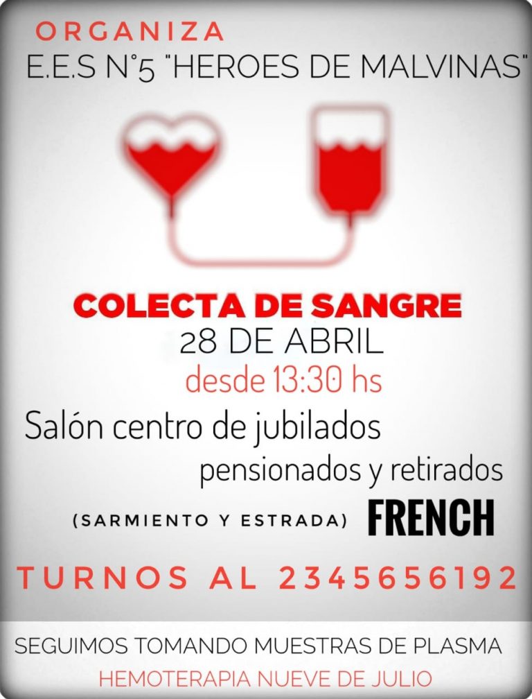 En French habrá una Colecta de Sangre en el Centro de Jubilados, Pensionados y Retirados