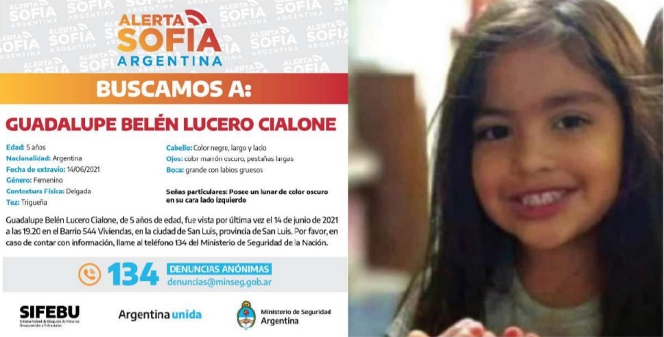 Está en &#39;Alerta Sofía&#39; Guadalupe Belén Lucero Cialone