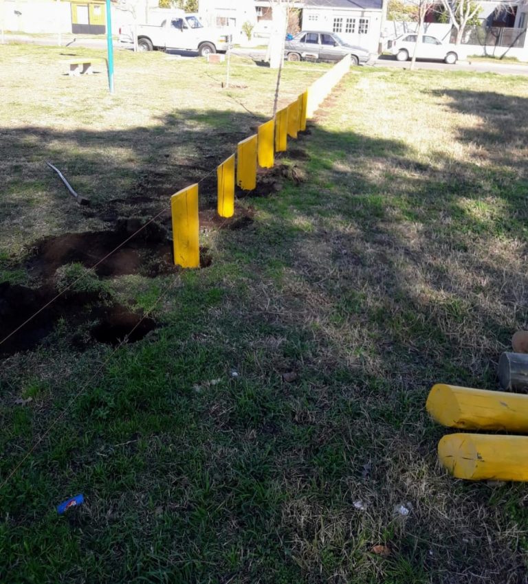 Leones trabajan en la plazoleta dañada y colocan un cerco
