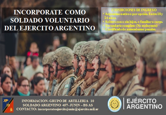 El Grupo de Artillería 10 de Junín realizará inscripciones para ingresar en el Ejército Argentino