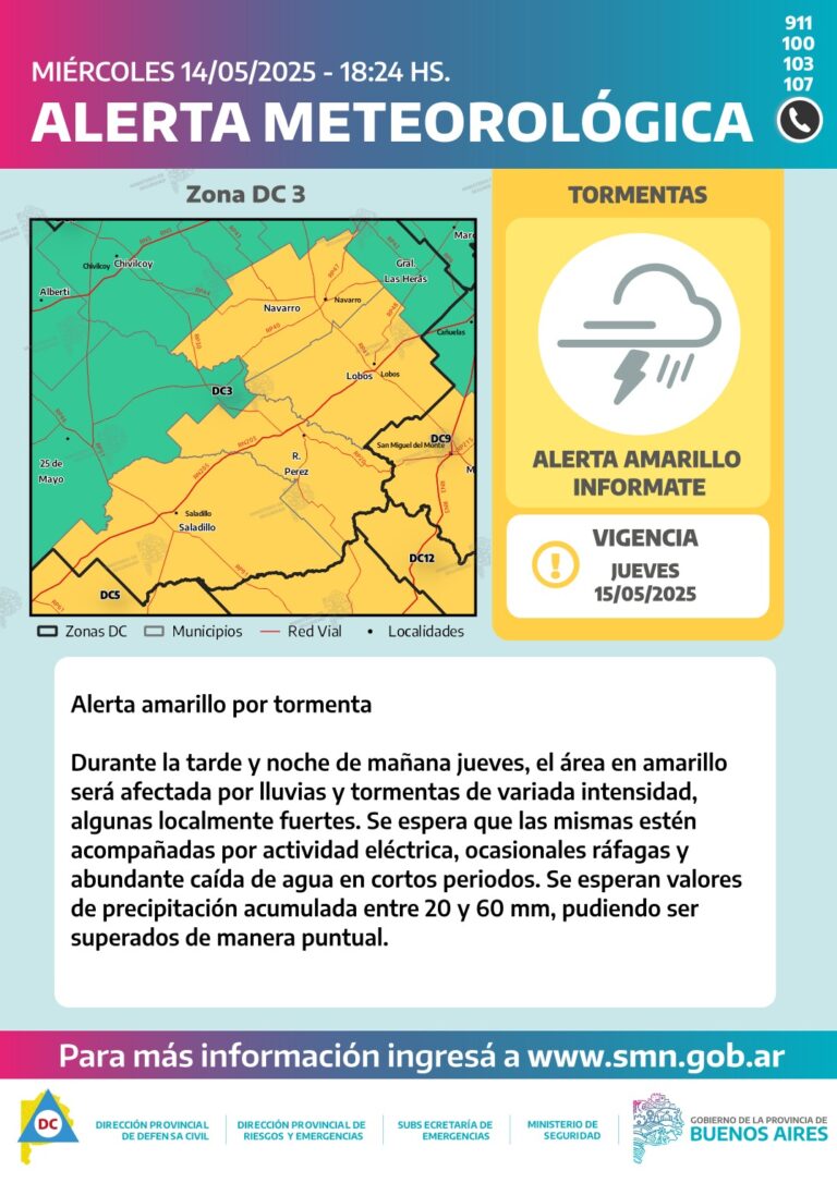 Alerta amarilla por tormentas en gran parte de la provincia de Buenos Aires