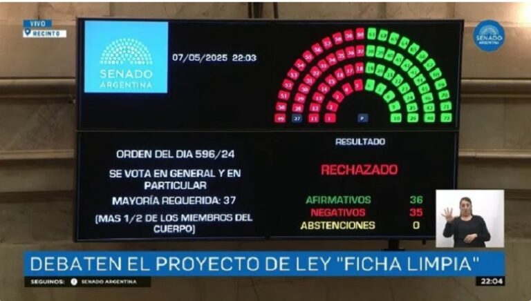 El Senado rechazó la Ley de Ficha Limpia por un voto de diferencia