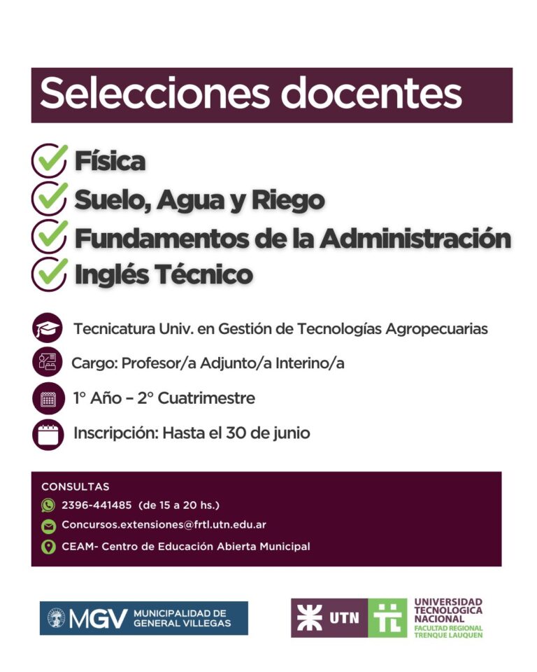 La UTN Trenque Lauquen y el CEAM General Villegas abren convocatoria docente para el segundo cuatrimestre