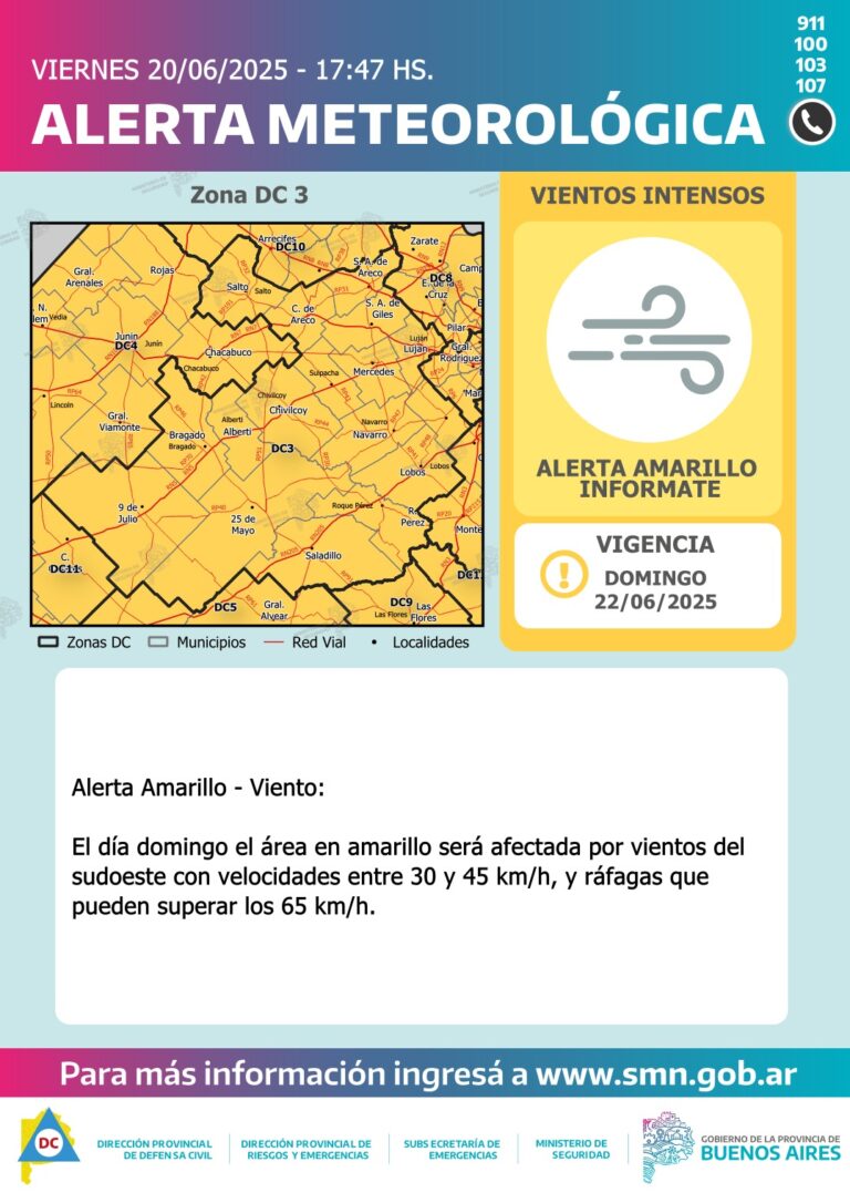 Alerta amarilla por vientos fuertes: Nueve de Julio bajo advertencia meteorológica