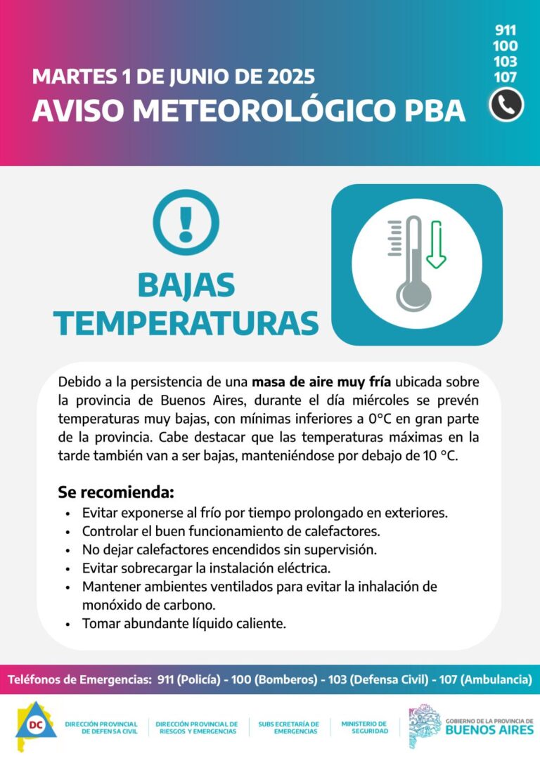 Las bajas temperaturas en la Provincia de Buenos Aires seguirán hasta el jueves 3