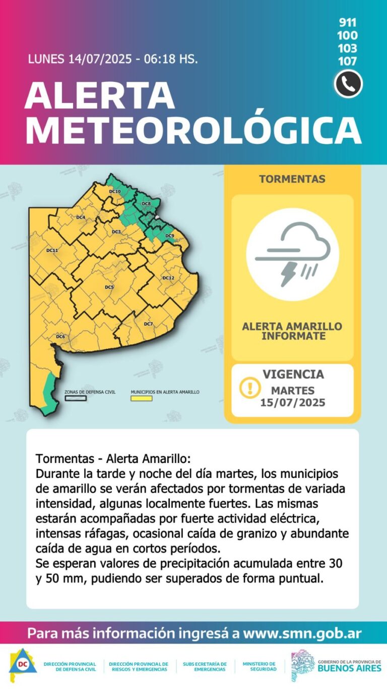 Alerta amarilla por tormentas fuertes en la provincia de Buenos Aires para este martes