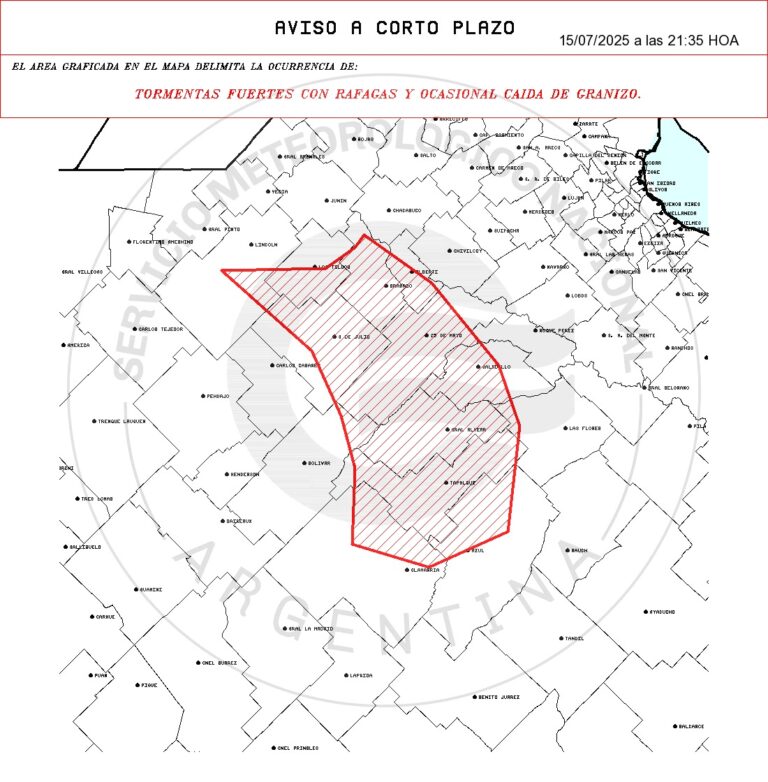 Noche de tormentas fuertes en Nueve de Julio: alerta por lluvias intensas, ráfagas y granizo