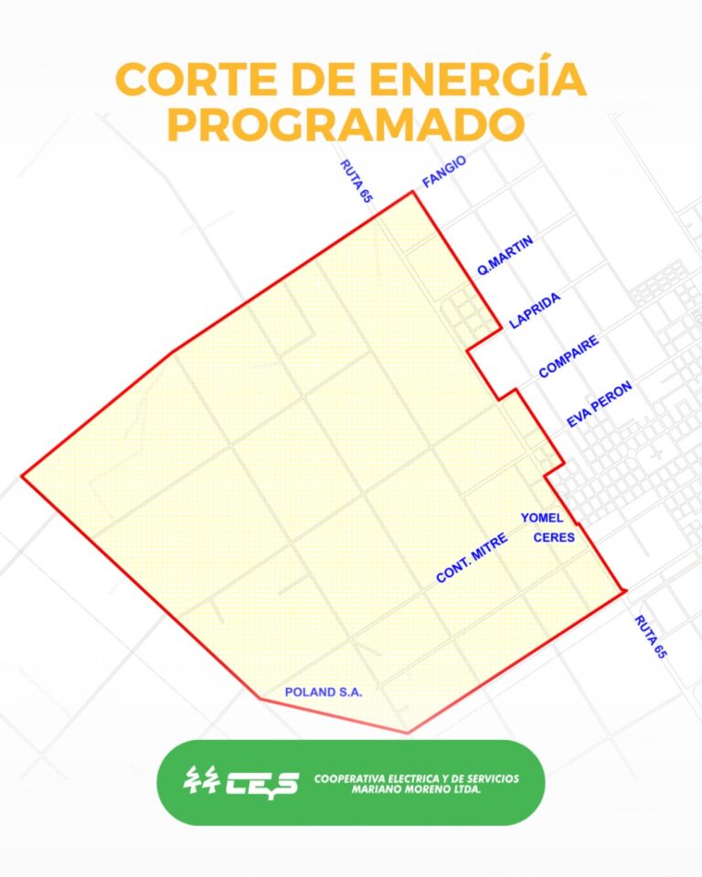 Corte de energía programado en sector industrial y comercial cercano a la Ruta 65