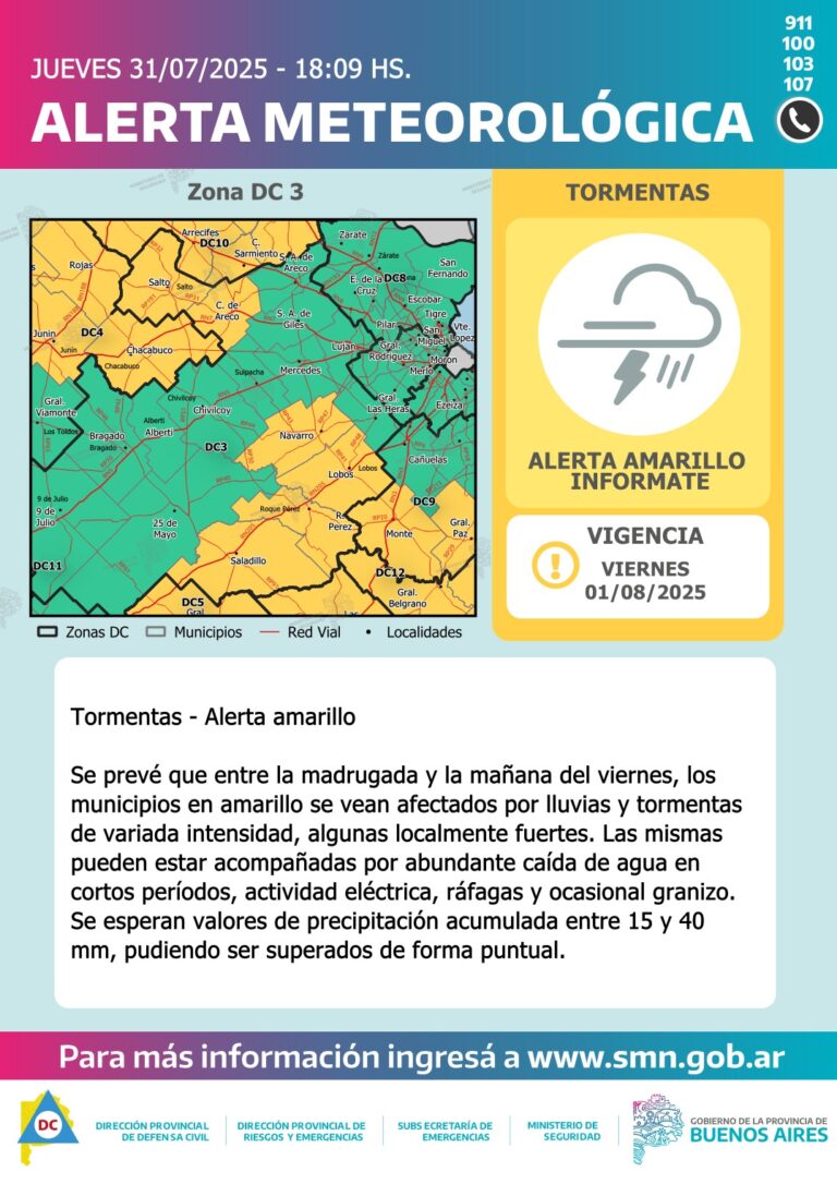 Alerta amarilla por tormentas fuertes en el centro y este bonaerense