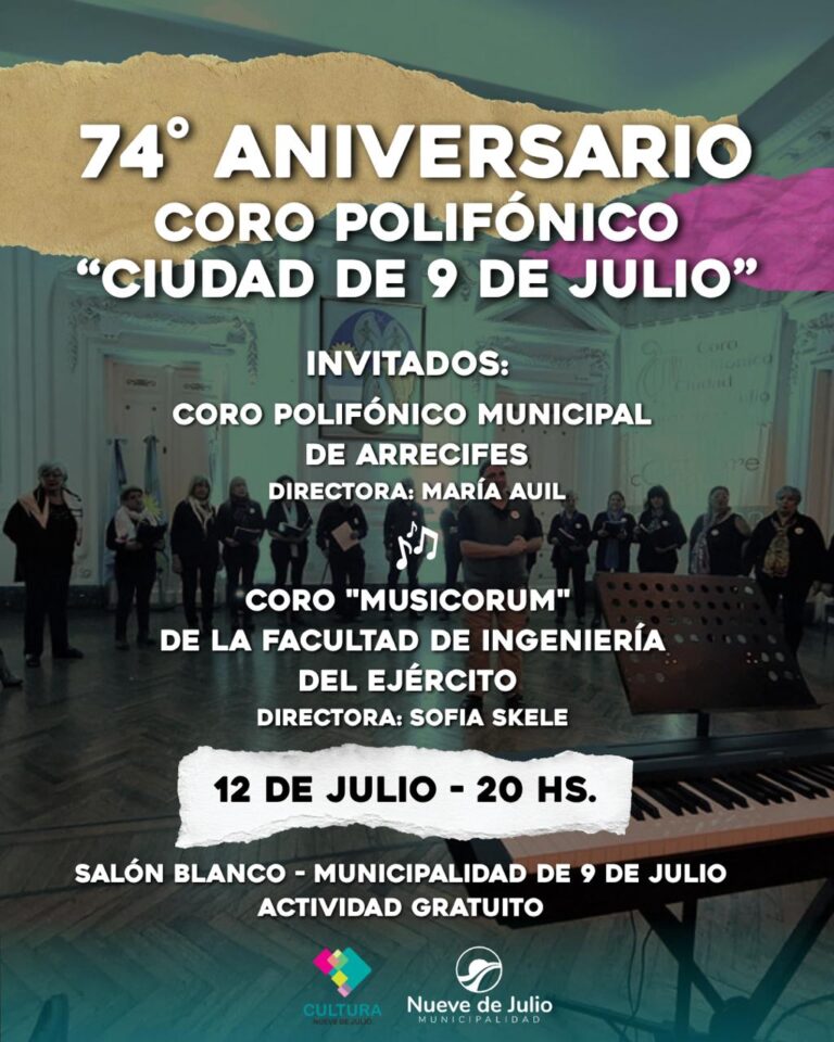 El Coro Polifónico Ciudad de Nueve de Julio celebra su 74º aniversario con un concierto especial