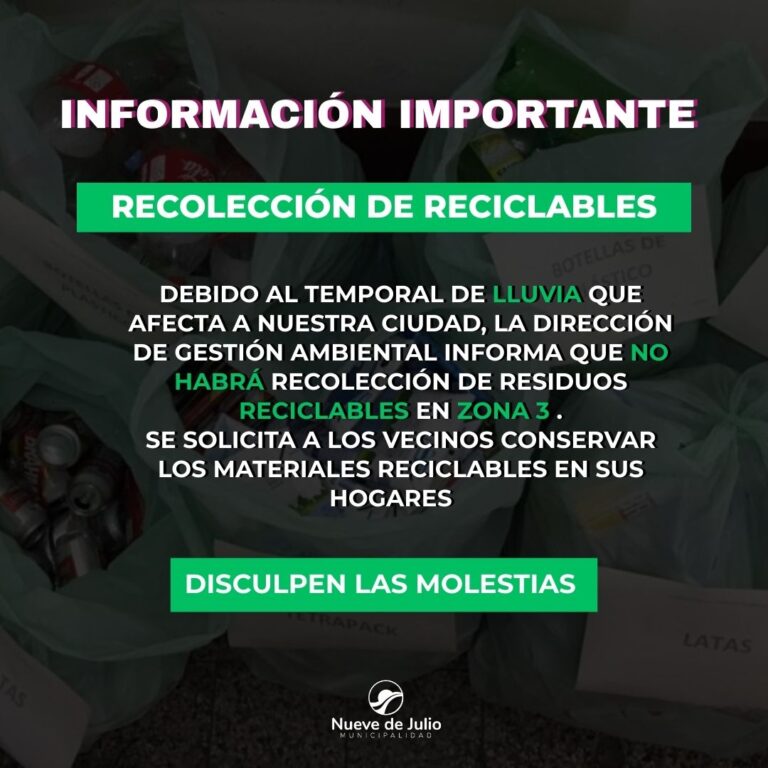 Se suspende la recolección de reciclables en Zona 3 por el temporal