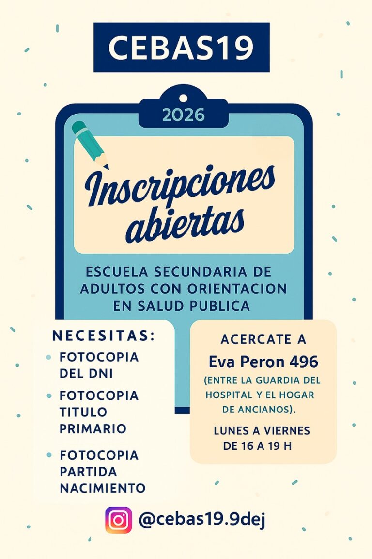 Abre la inscripción 2026 al Bachillerato para Adultos del CEBAS Nº 19 “Ramón Carrillo”