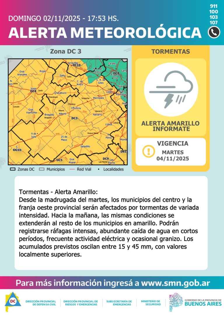 Alerta Amarilla por tormentas en un sector bonaerense y alcanza a Nueve de Julio