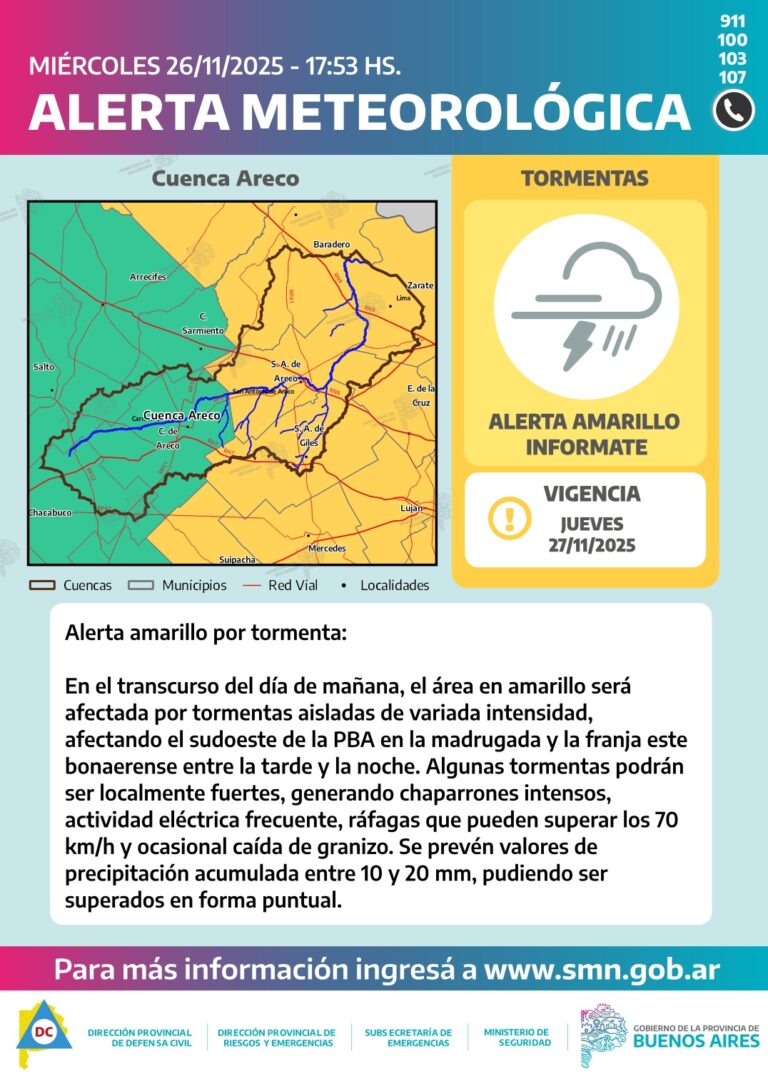 Alerta amarilla por tormentas para el sur y este de la provincia de Buenos Aires