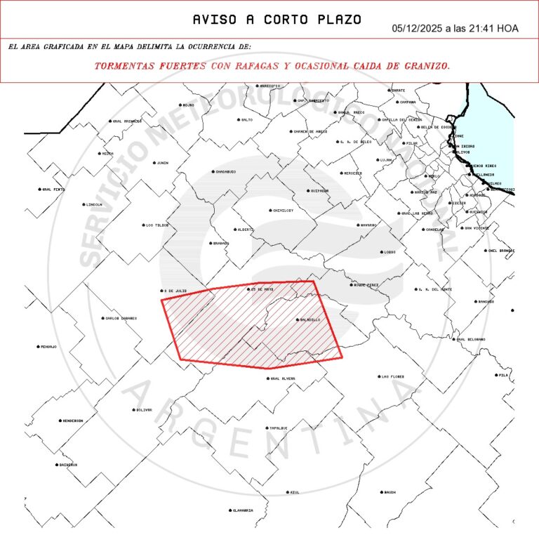 Corto plazo: Tormentas fuertes con rafagas y posible granizo en el centro bonaerense