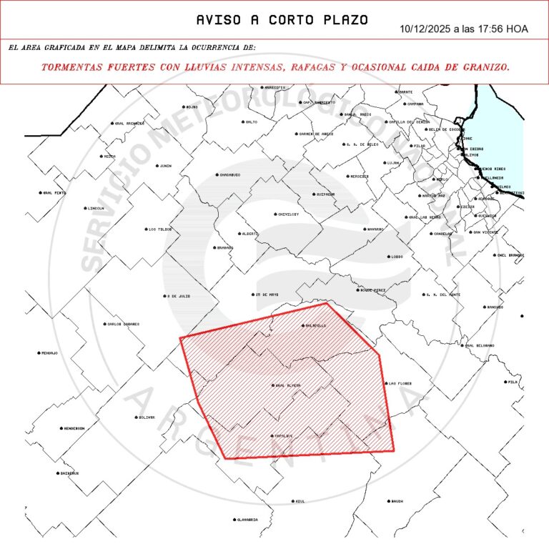 El Servicio Meteorológico Nacional emitió un aviso para varios partidos de la provincia con posibilidad de lluvias intensas, ráfagas y caída de granizo