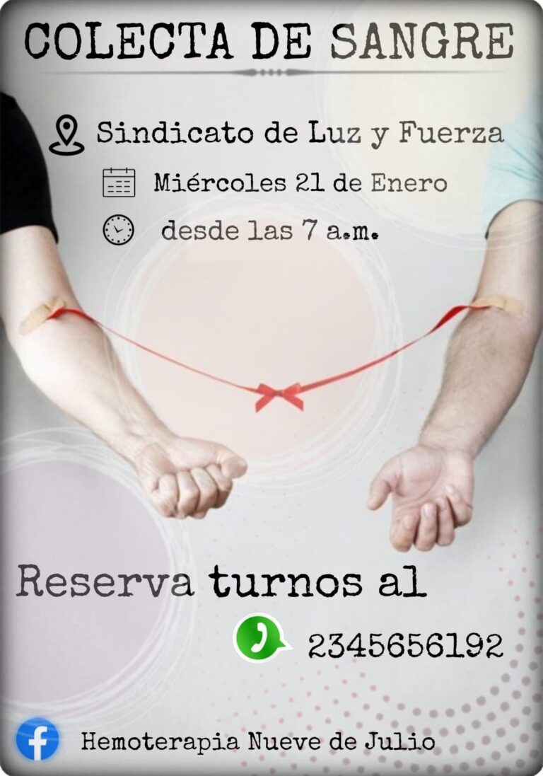 Primera Colecta de Sangre en Nueve de Julio: el 21 de enero en el Sindicato de Luz y Fuerza