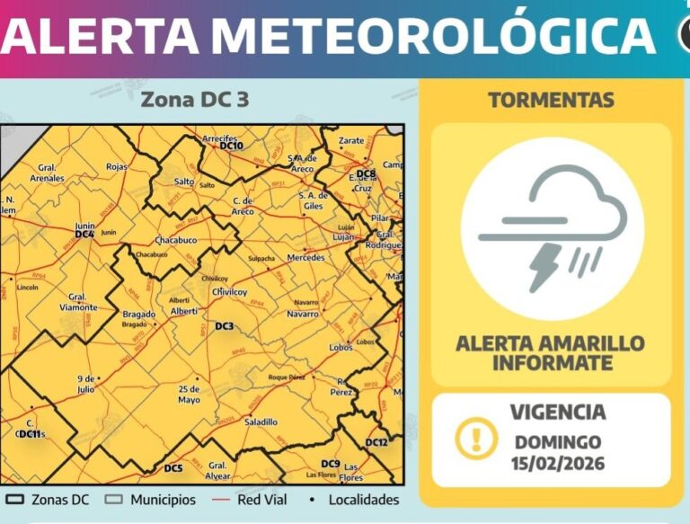 Alerta amarilla por tormentas fuertes en el centro y norte bonaerense este domingo