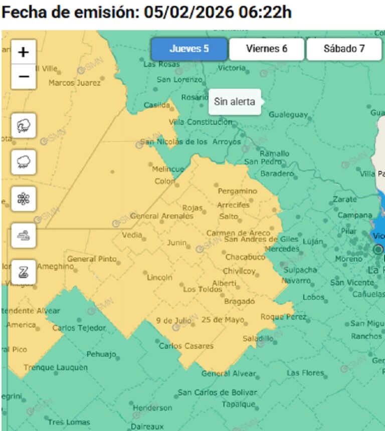 Alerta Meteorológica: tormentas fuertes y lluvias aisladas alcanza a un sector bonaerense que incluye a Nueve de Julio