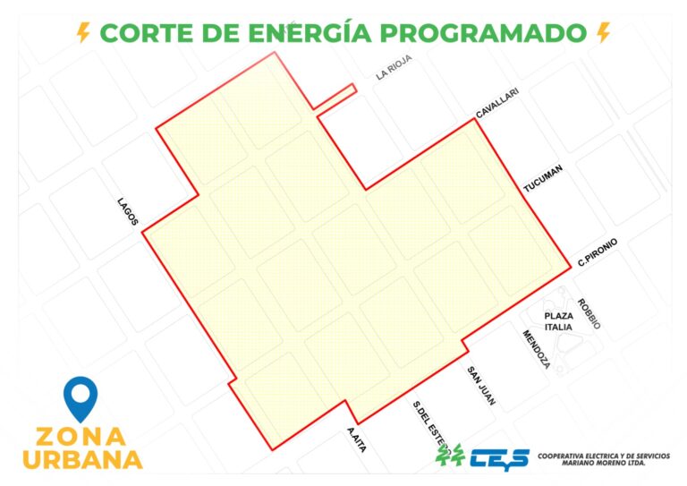 Corte programado de energía por la CEyS ‘Mariano Moreno’ en un amplio sector céntrico