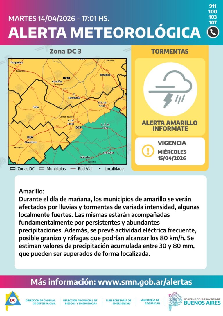 Alerta amarilla por lluvias y tormentas en el norte de la provincia de Buenos Aires