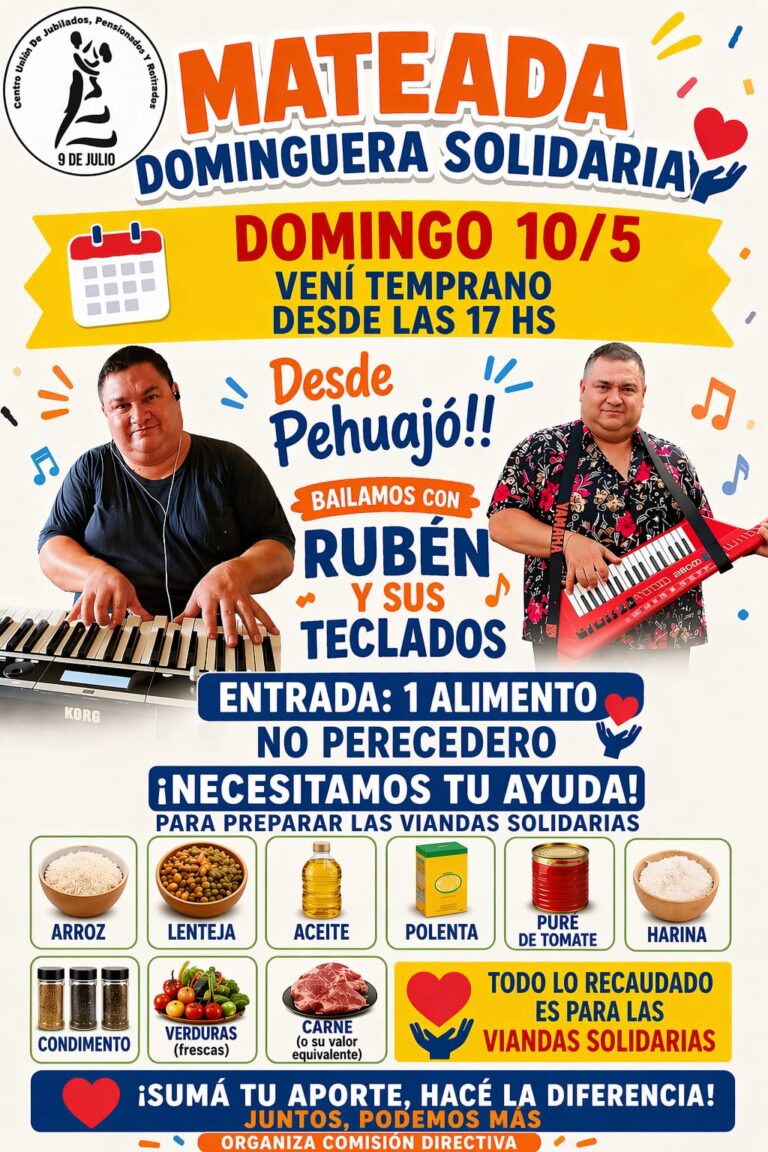 El Centro de Jubilados de Nueve de Julio organiza una mateada solidaria para seguir entregando viandas a jubilados necesitados
