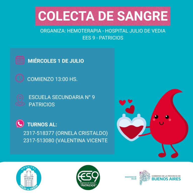 Campaña de donación de sangre el 1° de julio en la Escuela Secundaria 9 de Patricios
