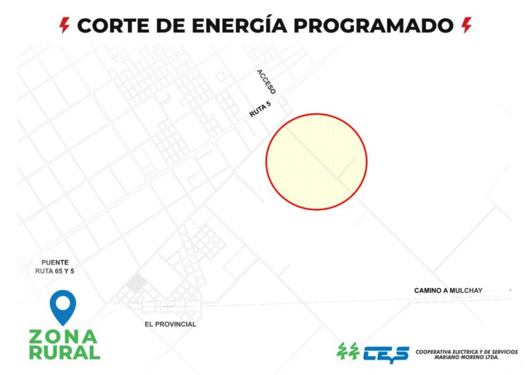 Corte programado de energía en la zona de Ruta 5 y Acceso a Nueve de Julio este miércoles 1 de julio