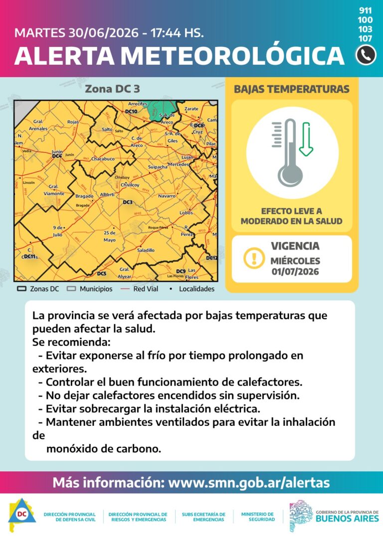Alerta meteorológica por bajas temperaturas: rige un aviso para un sector bonaerense incluido Nueve de Julio