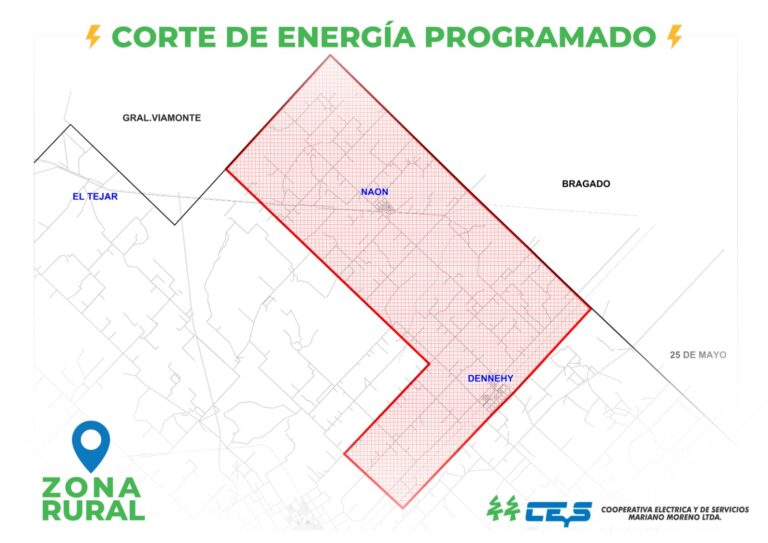 Corte de energía programado este jueves en la zona de Naón y Dennehy