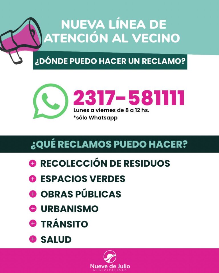 La Municipalidad recuerda la línea de WhatsApp para reclamos vecinales y consultas sobre servicios
