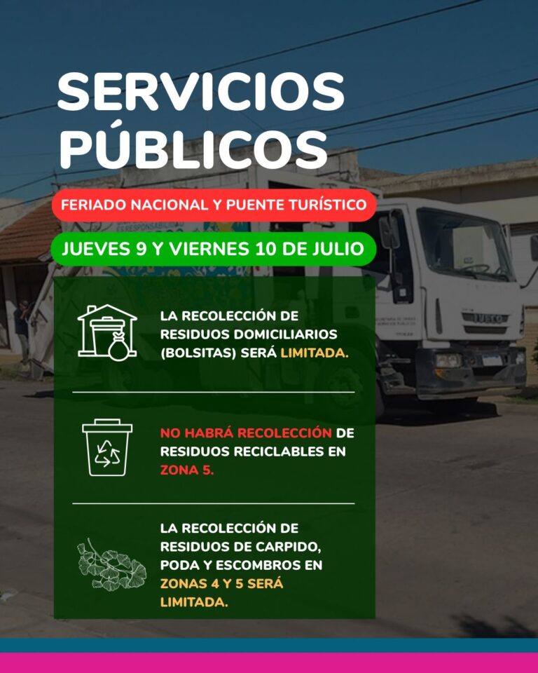 La Municipalidad informa el cronograma de recolección de residuos para los feriados del 9 y 10 de julio